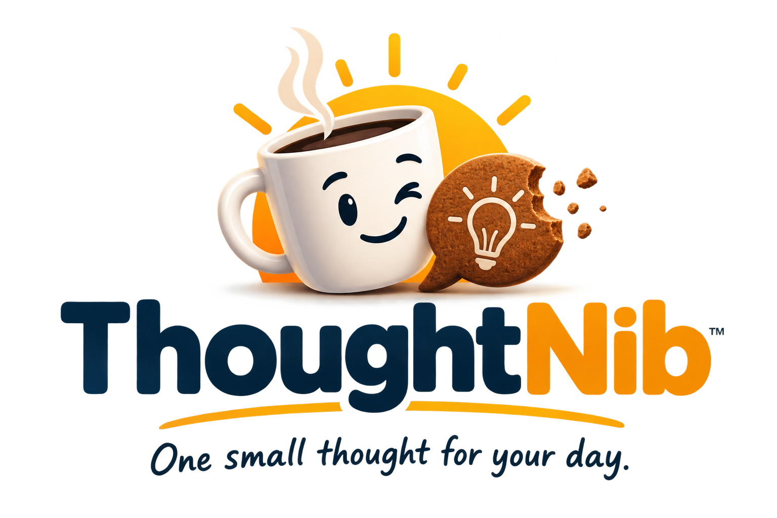 ThoughtNib logo featuring a smiling coffee mug, sunrise, and a bitten thought-shaped cookie with a lightbulb icon.