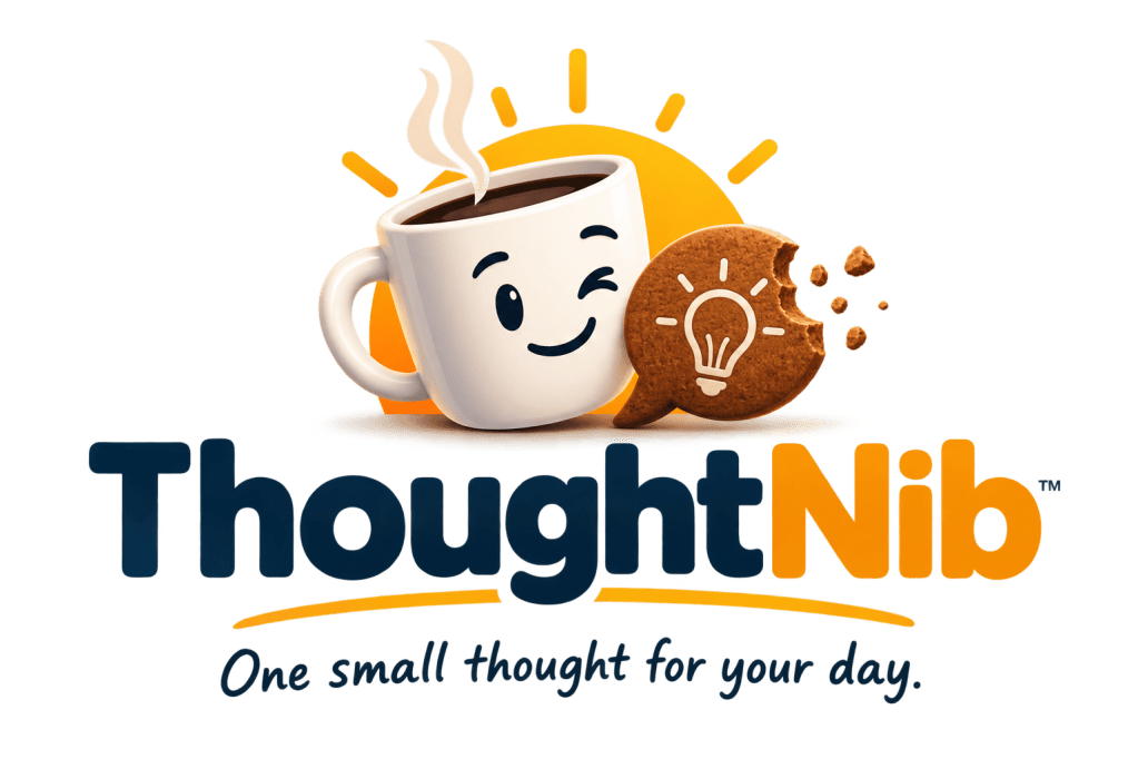 ThoughtNib logo featuring a smiling coffee mug, sunrise, and a bitten thought-shaped cookie with a lightbulb icon.